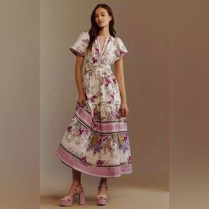 Anthropologie White and Purple Floral Somerset Maxi Dress with pockets